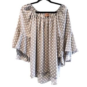 Forever Grace Polka Dot Ruffle Bell Sleeve Blouse Taupe Grey‎ White Large 7824